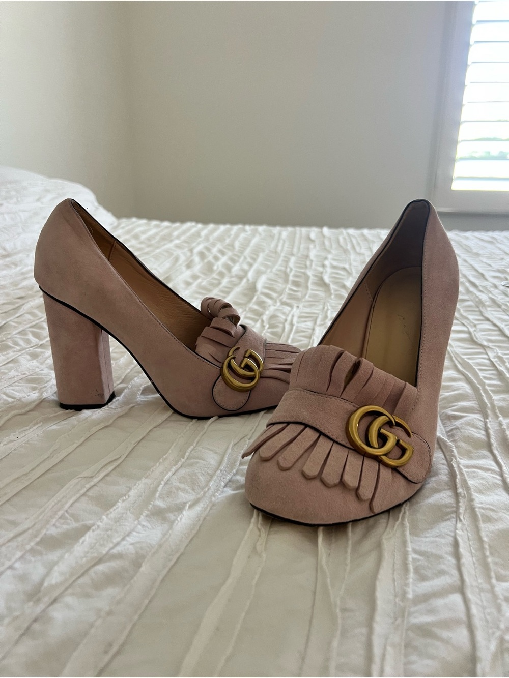 GUCCI Pink Suede Loafer Fringe Block Heel